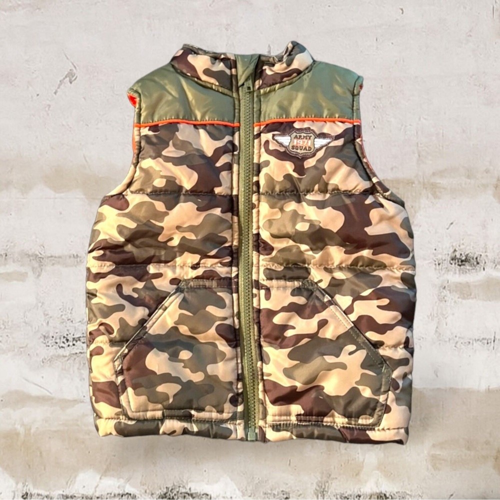 Healthtex CAMO Puffer Vest 100% Poly ORANGE Lining FULL ZIP Toddler Size 24 mos